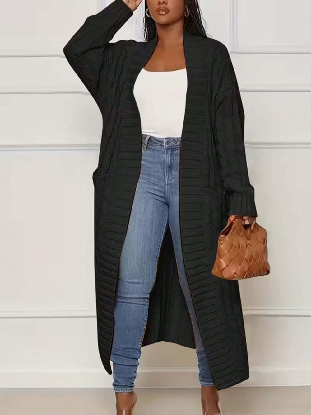 Black Casual Women's Cable-Knit Pocket Long Sleeve open front Duster cardigan
